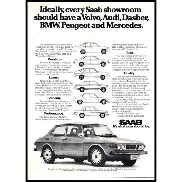 1975 Saab 99 Coupe Vintage Print Ad Side View Front Grill Wall Art Photo - Picture 1 of 1